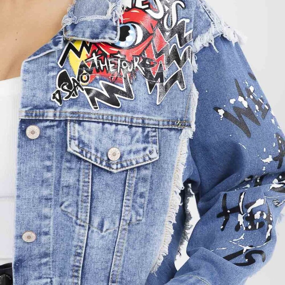 Distressed Graffitti Patchwork Denim Jacket - image 6